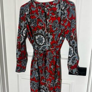 LOFT Vibrant Orange and Blue Paisley Long Sleeve Dress